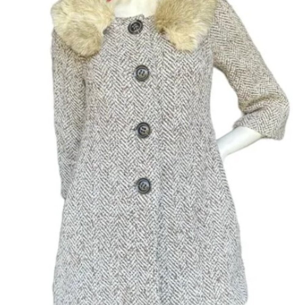 Anthropologie Tabitha Vintage Style Brown Tweed 3/4 Sleeve Wool Blend Coat 0